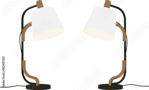 Modern desk lamp icon vector—black and brown frame with white conical shade for stylish workspace and interior decor visuals