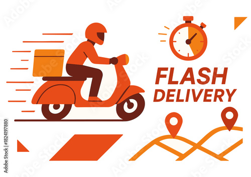 Fast delivery service: scooter courier with timer and map icons