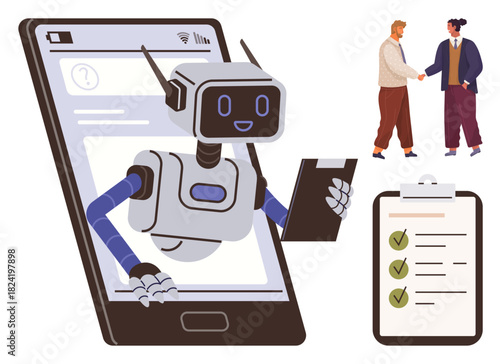Robot with friendly expression extends from smartphone holding clipboard. Two people shake hands, emphasizing collaboration. Checklist with green marks signifies task completion. Ideal