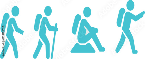 Hiking icon set. Camping icons featuring tents, and outdoor activities in a monochrome style targeting adventure enthusiasts. Hiking Essentials Icons. Solid icon with black color.