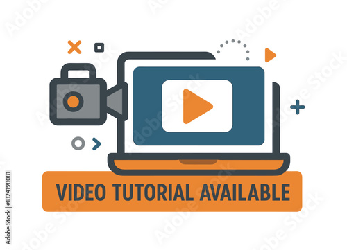 Online video tutorial icon with camera and laptop display