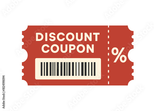 Red discount coupon with barcode and percentage symbol