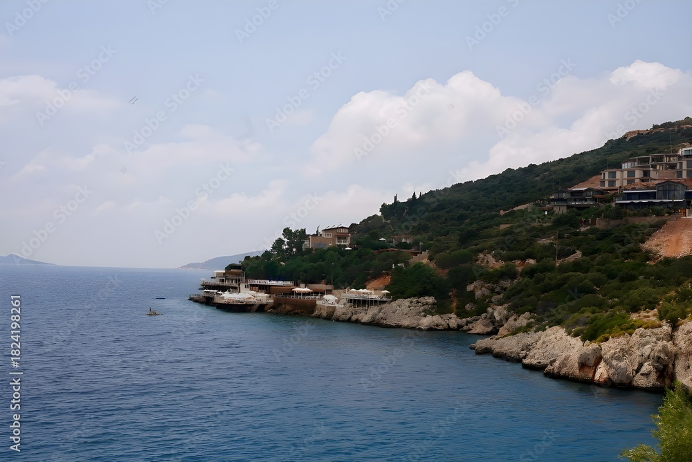 Naklejka premium Mediterranean Coastal Landscape in Turkey with Rocky Cliffs and Clear Blue Sea