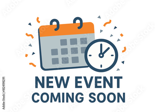 Upcoming event announcement with calendar and clock icons
