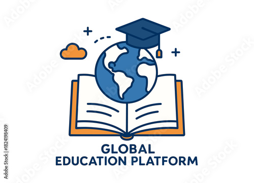 Global education platform concept with globe, book, and graduation cap
