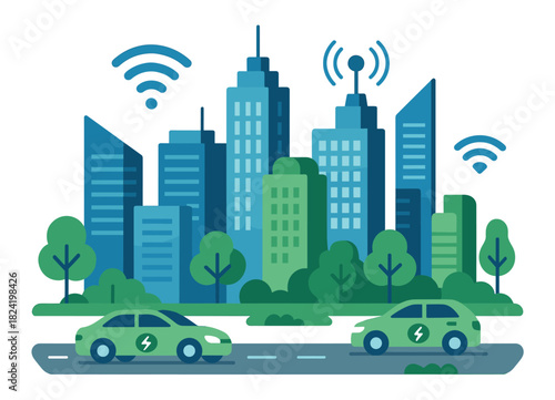 Futuristic smart city with electric cars and wireless connectivity in green environment