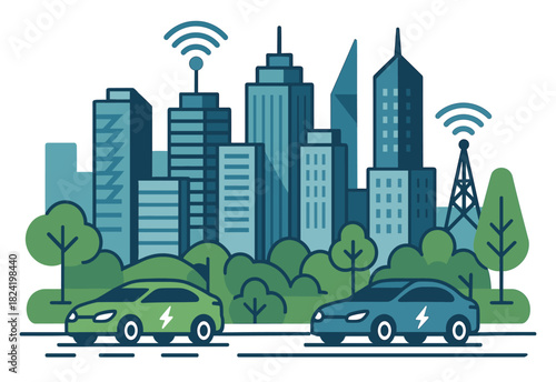 Smart city with electric cars and wireless technology in urban landscape