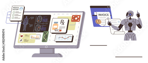 Desktop screen with medical data analysis, charts, prescriptions robotic assistant managing invoice processing. Ideal for AI, healthcare, automation, efficiency, digital transformation, billing