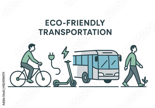 Eco-friendly transportation concepts with bike, scooter, electric bus, and walking figures