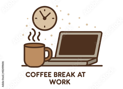 Coffee break at work: laptop and hot drink with clock background