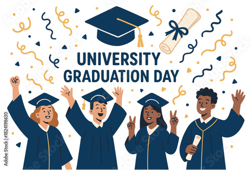 Diverse young adults celebrating university graduation in caps and gowns