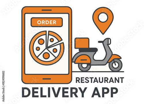 Restaurant delivery app interface with scooter and pizza order icon