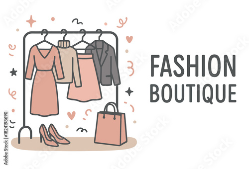 Women's fashion boutique display with clothing rack, dresses, and accessories