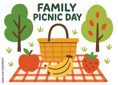 Family picnic day: basket, fruit, trees, checkered blanket
