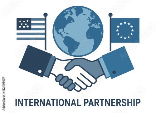 International partnership symbolized by handshake and flags of the usa and eu