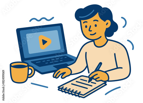 Female adult watching online tutorial on laptop and taking notes