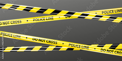 Realistic police line tape, crossing caution ribbon of warning signs for crime scene in yellow. Police line and do not cross ribbon. Warning danger tape. Ribbon for accident, under construction Vector