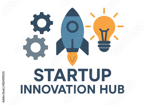 Rocket launch symbol with gears and lightbulb representing startup innovation hub