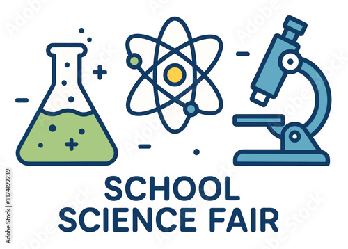 Colorful school science fair icons with beaker, atom, and microscope illustration