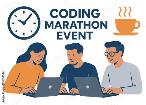 Young diverse adults participating in coding marathon event with laptops