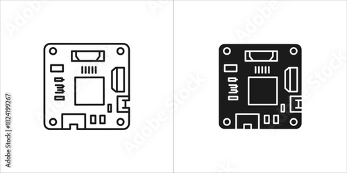 Circuit board icon set featuring outline and solid fill designs for electronic technology and hardware