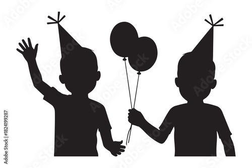  Two cheerful children wearing party hats holding balloons silhouette