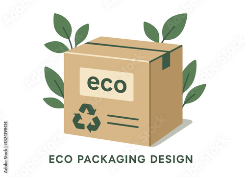 Eco-friendly packaging design with recyclable cardboard box and leaf accents