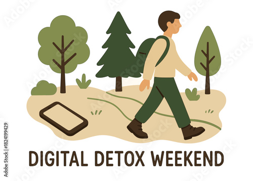Young male enjoying digital detox weekend in nature surrounded by trees
