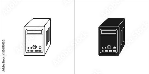 Black and white computer tower icons, representing desktop pc hardware, isolated on