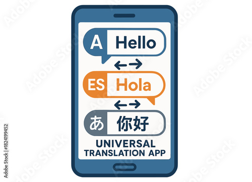 Multilingual translation app interface with speech bubbles on mobile device screen
