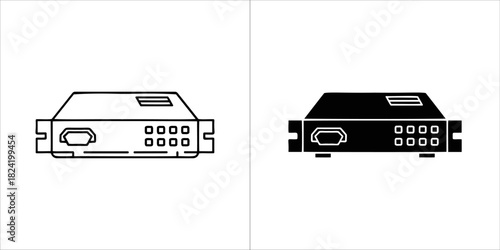 Network device icon set, featuring outline and solid black versions for server, router, or switch