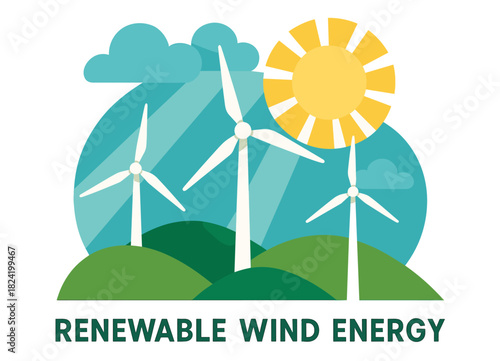 Renewable wind energy concept with wind turbines and sun over green hills