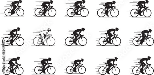 Set of cyclist illustrations showing motion and speed in a race
