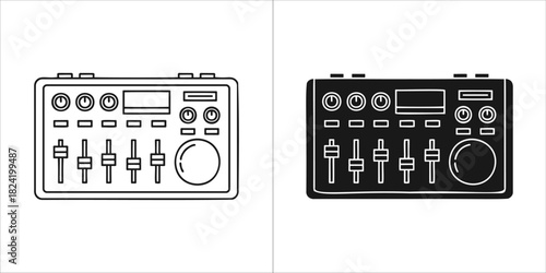 Music mixer or dj controller icon set, outline and solid black versions, isolated on