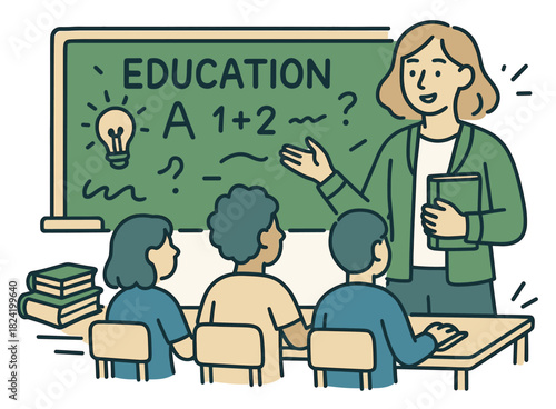 Female teacher educating diverse children in classroom with chalkboard