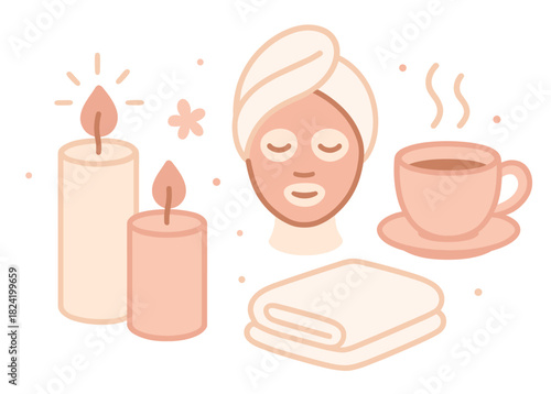 Relaxing spa day: candles, skincare, tea, and towels in calming colors