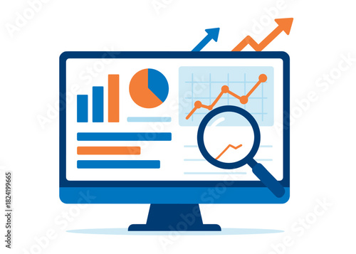 Business data analytics with graphs and magnifying glass on computer screen