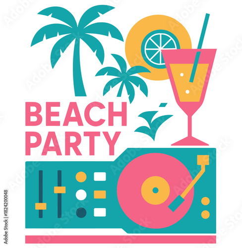Vibrant beach party design with dj turntable and tropical cocktails
