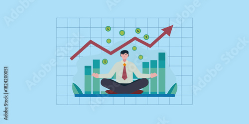 Businessman meditating amidst growing financial chart and falling money