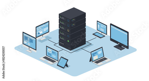 Isometric data center network with servers and connected devices