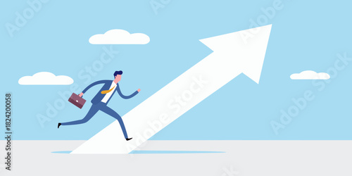 Businessman running up an upward trending arrow in the sky