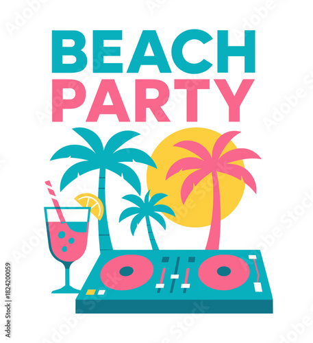 Colorful beach party poster with turntable and tropical elements