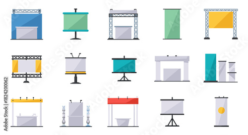 Flat design icons of trade show booths and conference presentations