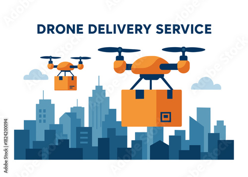 Orange drones delivering packages over city skyline with blue buildings