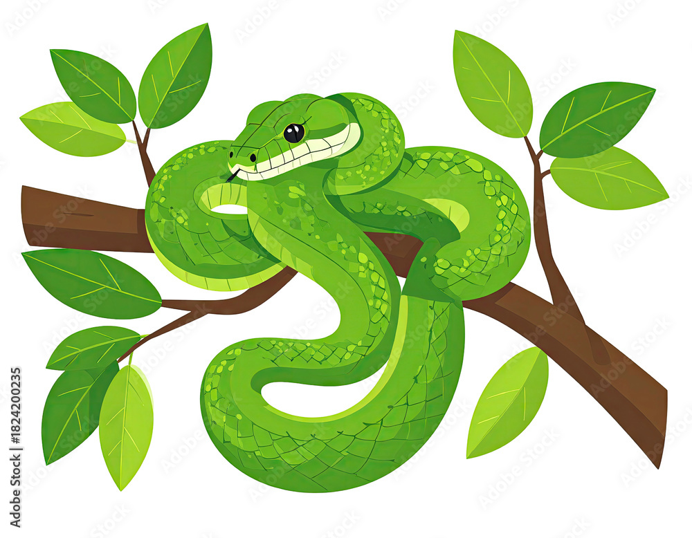 Obraz premium Vibrant Green Snake Coiled Gracefully on a Tree Branch.
