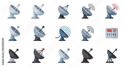Flat style satellite dishes and control panel set for communication design