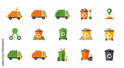 Recycling and waste management icon set in flat style featuring garbage trucks and bins