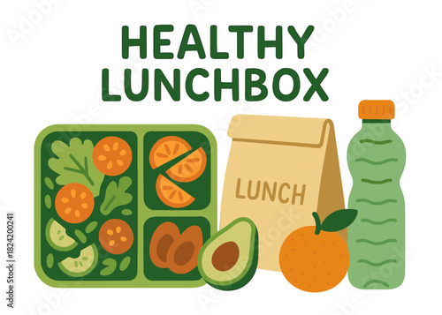Healthy lunchbox with fresh vegetables, fruits, and juice