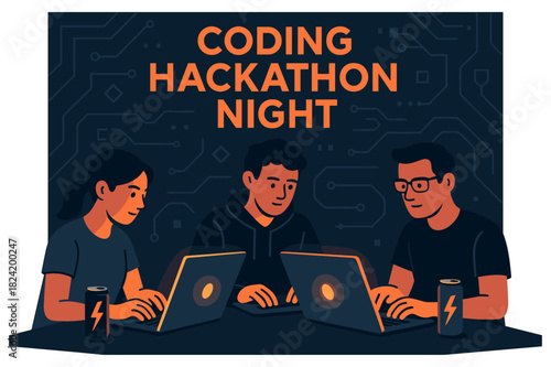 Team of young adults engaged in hackathon at night with laptops