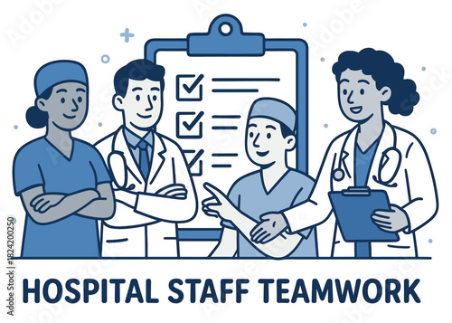 Diverse medical team collaborating with hospital checklist